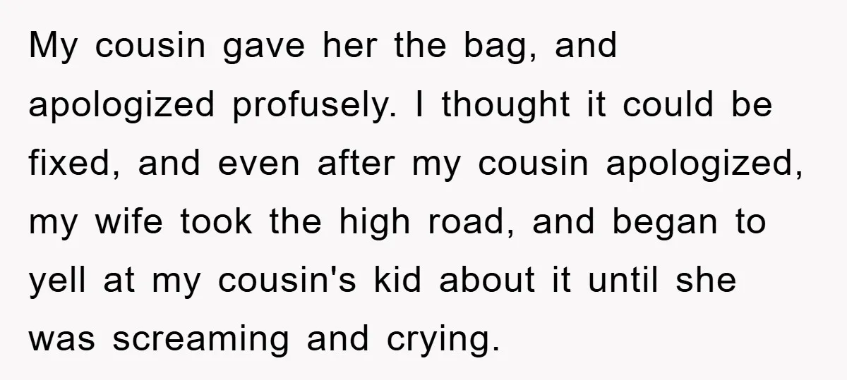 My cousin gave her the bag, and apologized profusely. I thought it could be fixed, and even after my cousin apologized, my wife took the high road, and began to...