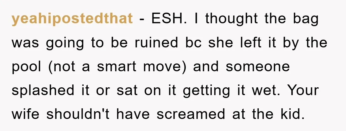 yeahipostedthat − ESH. I thought the bag was going to be ruined bc she left it by the pool (not a smart move) and someone splashed it or sat on...