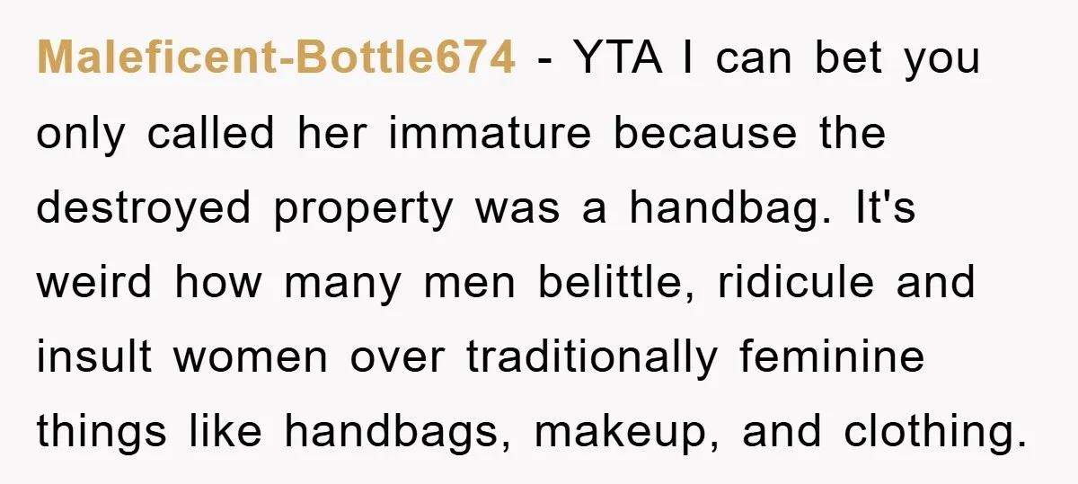 Maleficent-Bottle674 − YTA I can bet you only called her immature because the destroyed property was a handbag. It's weird how many men belittle, ridicule and insult women over traditionally...