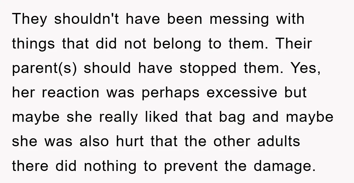 They shouldn't have been messing with things that did not belong to them. Their parent(s) should have stopped them. Yes, her reaction was perhaps excessive but maybe she really liked...