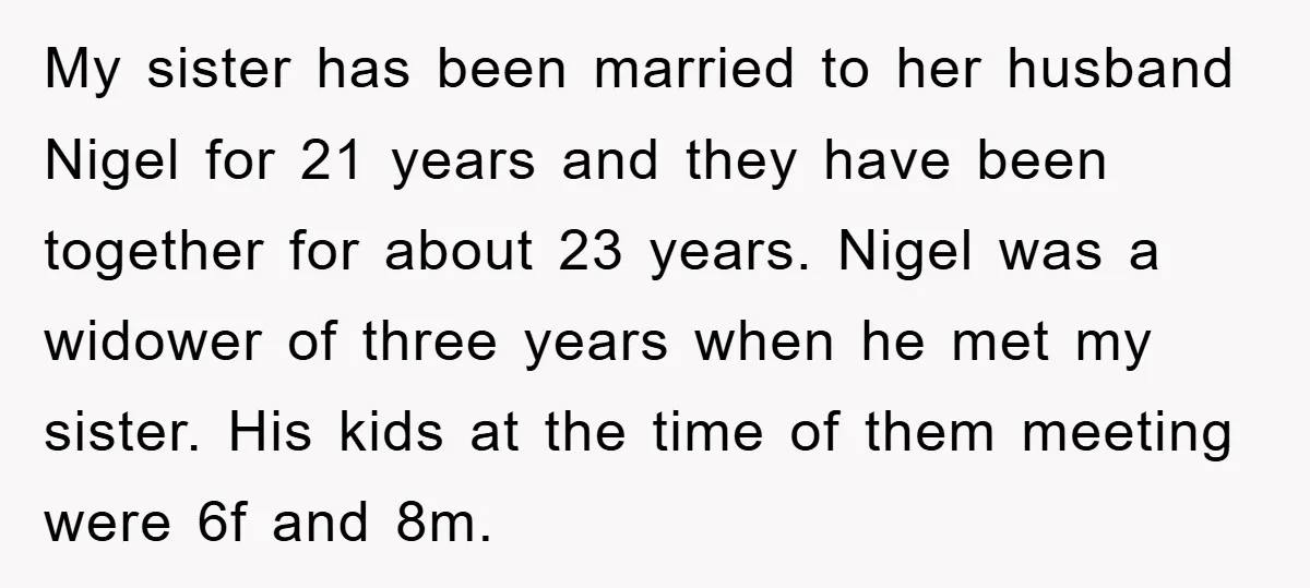 My sister has been married to her husband Nigel for 21 years and they have been together for about 23 years. Nigel was a widower of three years when he...