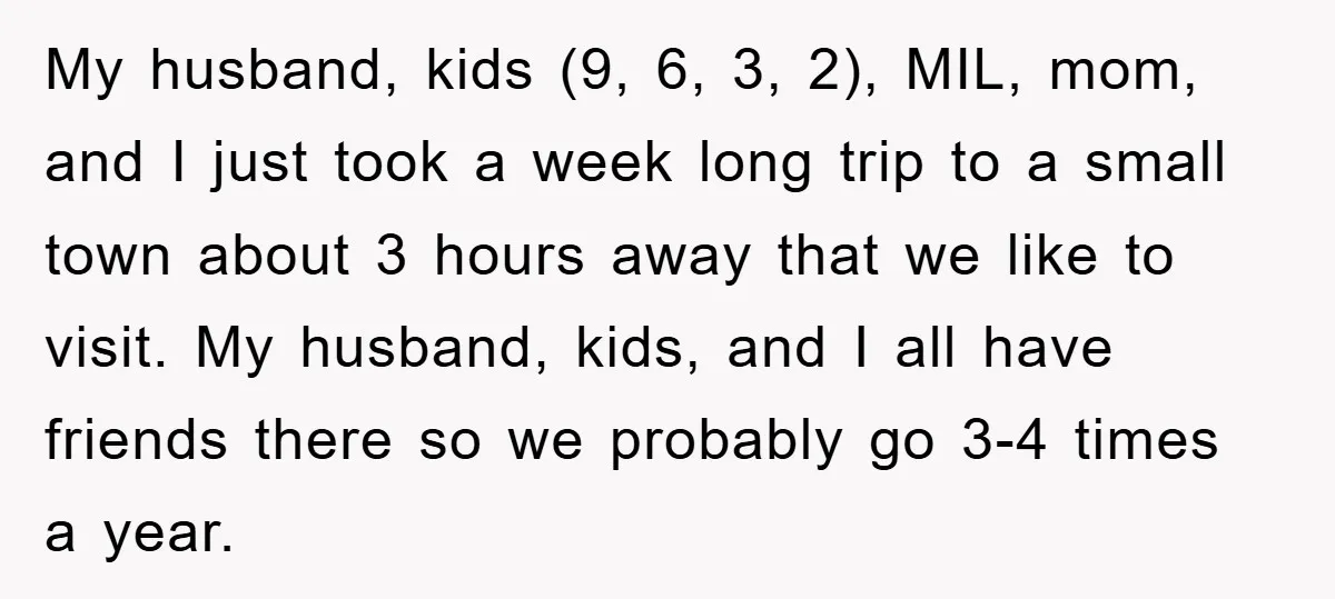 My husband, kids (9, 6, 3, 2), MIL, mom, and I just took a week long trip to a small town about 3 hours away that we like to visit....