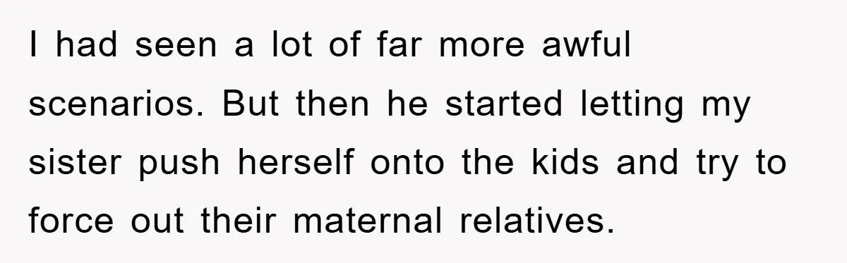 I had seen a lot of far more awful scenarios. But then he started letting my sister push herself onto the kids and try to force out their maternal relatives.