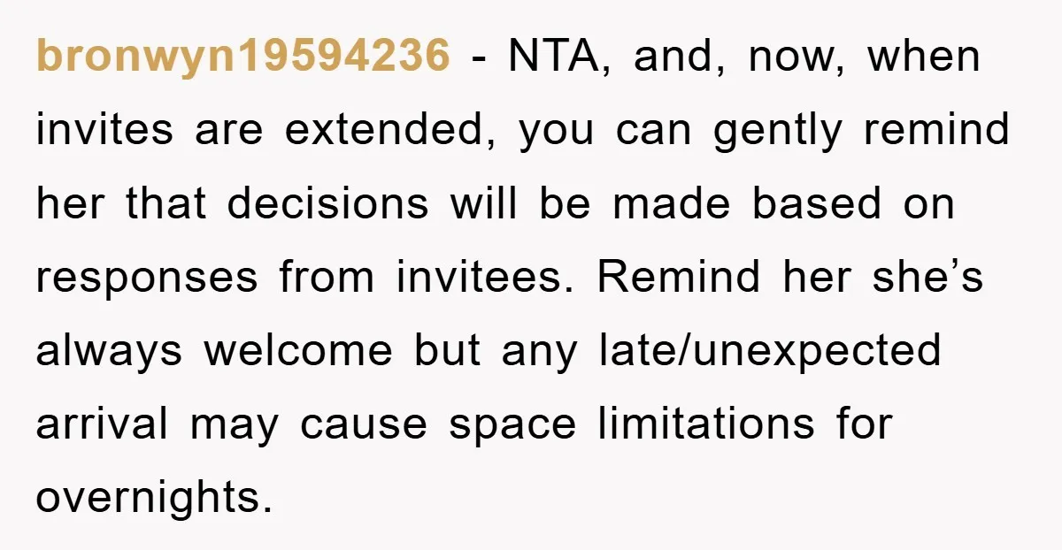 bronwyn19594236 − NTA, and, now, when invites are extended, you can gently remind her that decisions will be made based on responses from invitees. Remind her she’s always welcome but...