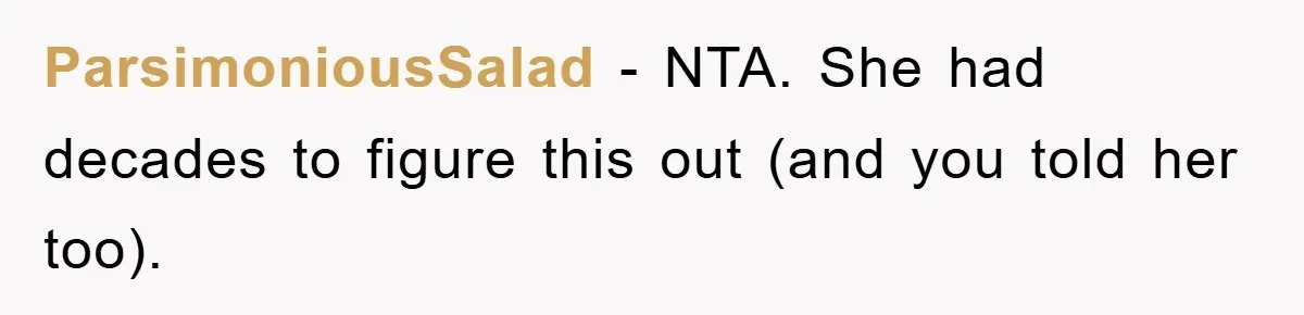 ParsimoniousSalad − NTA. She had decades to figure this out (and you told her too).