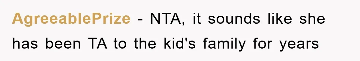 AgreeablePrize − NTA, it sounds like she has been TA to the kid's family for years