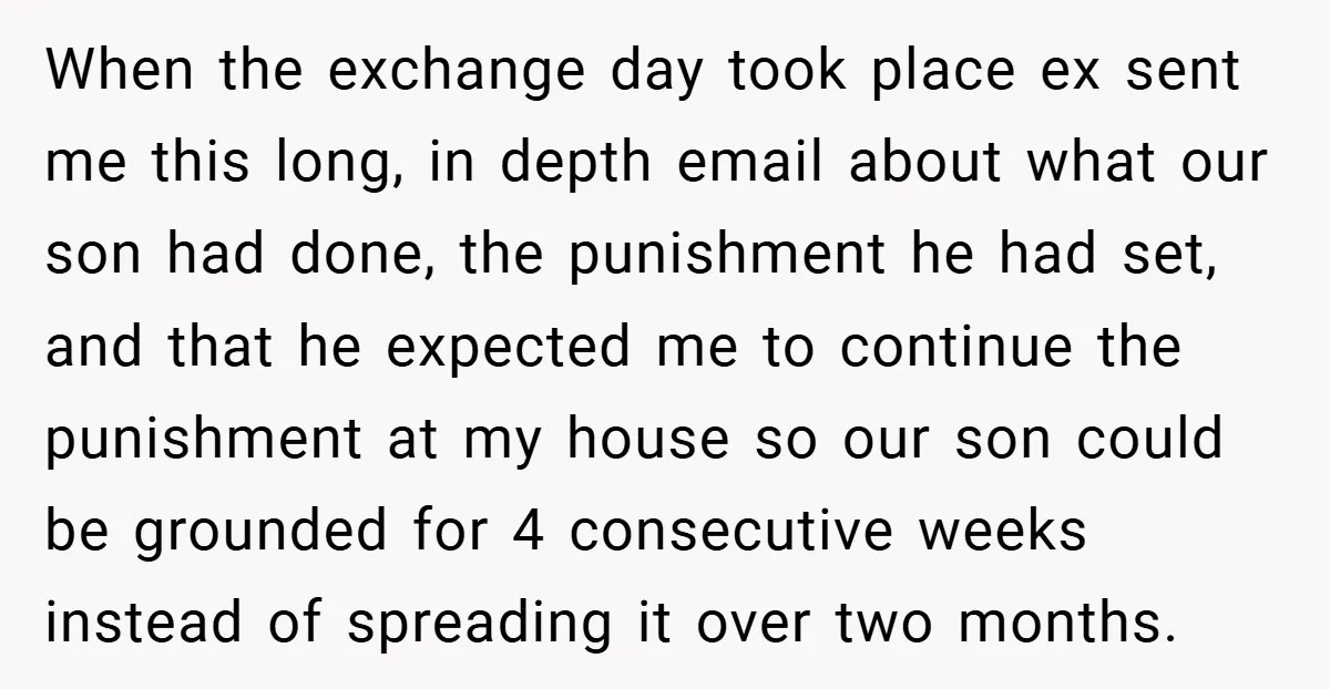 When the exchange day took place ex sent me this long, in depth email about what our son had done, the punishment he had set, and that he expected me...