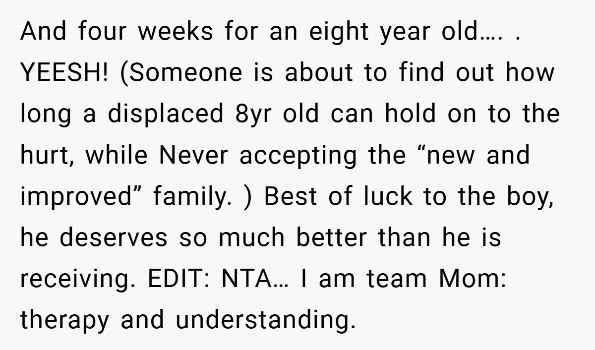 And four weeks for an eight year old…. . YEESH! (Someone is about to find out how long a displaced 8yr old can hold on to the hurt, while Never...