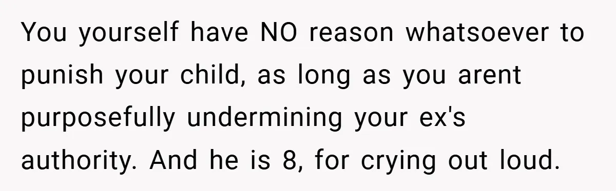 You yourself have NO reason whatsoever to punish your child, as long as you arent purposefully undermining your ex's authority. And he is 8, for crying out loud.