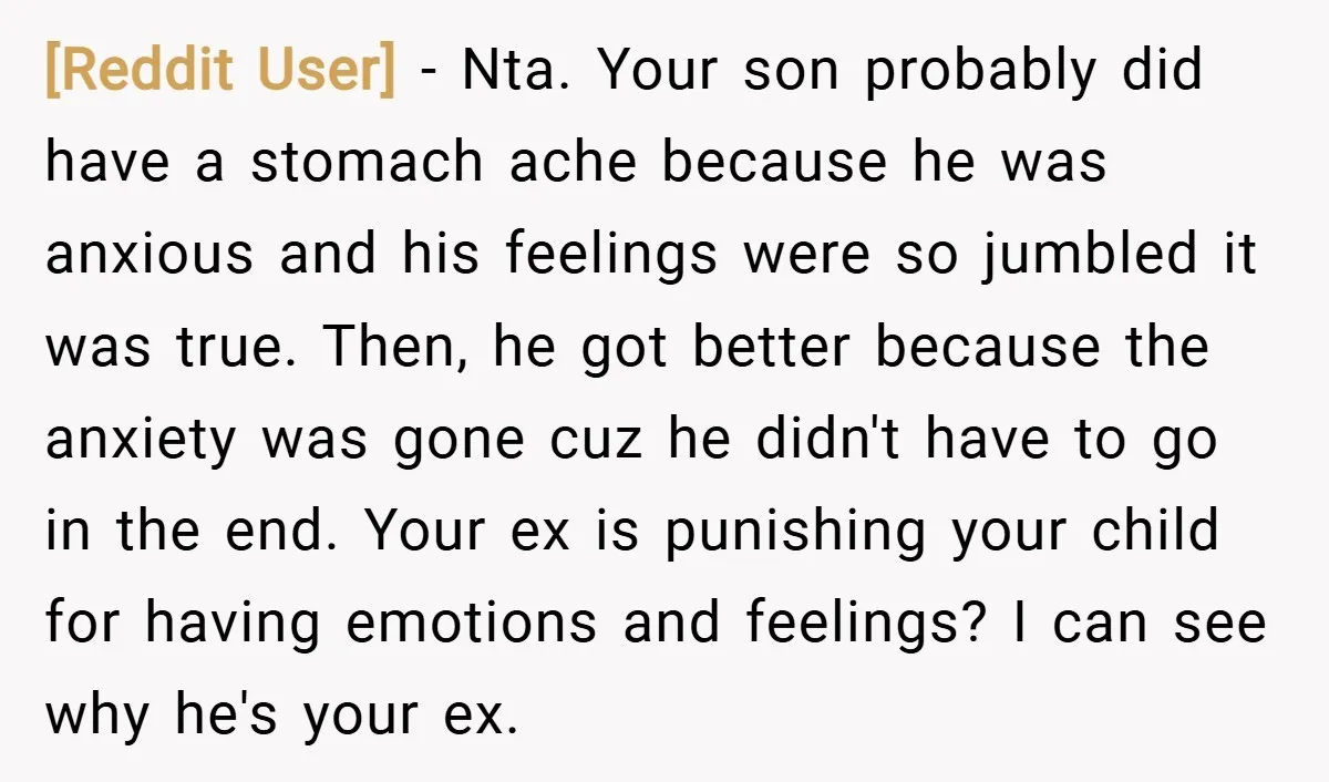 [Reddit User] − Nta. Your son probably did have a stomach ache because he was anxious and his feelings were so jumbled it was true. Then, he got better because...