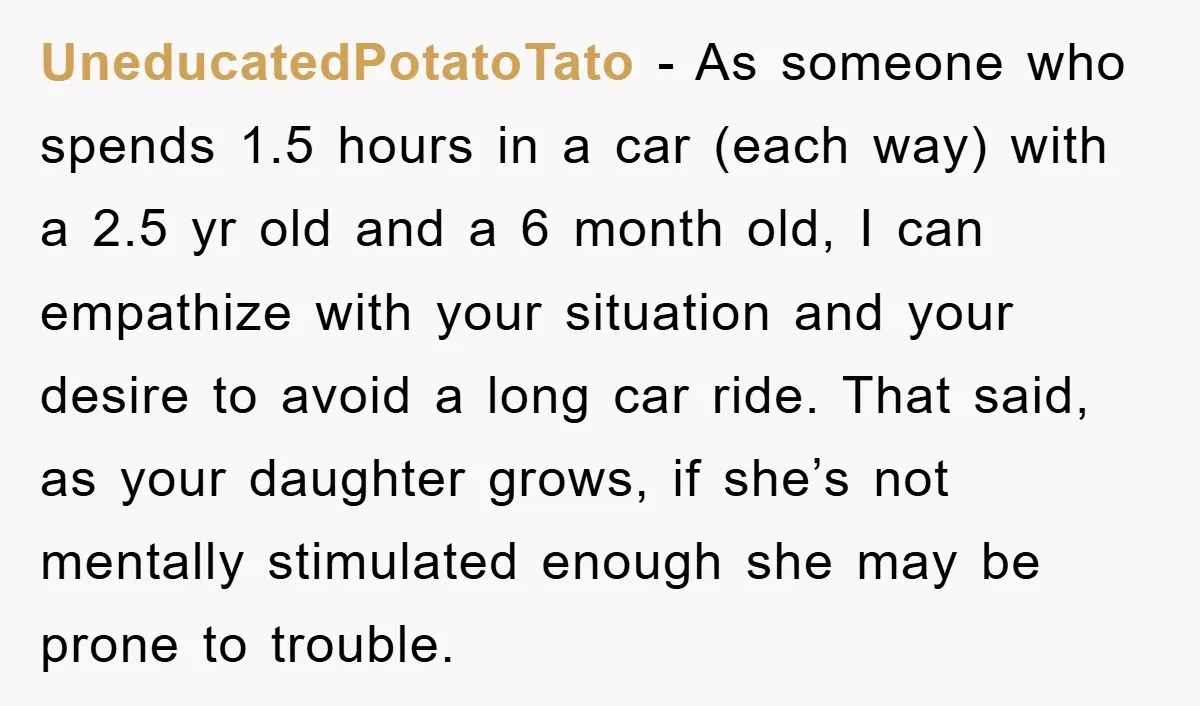 UneducatedPotatoTato − As someone who spends 1.5 hours in a car (each way) with a 2.5 yr old and a 6 month old, I can empathize with your situation and...