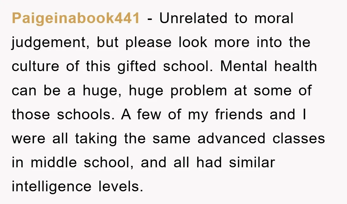Paigeinabook441 − Unrelated to moral judgement, but please look more into the culture of this gifted school. Mental health can be a huge, huge problem at some of those schools....