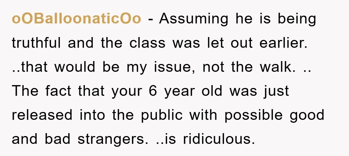 oOBalloonaticOo − Assuming he is being truthful and the class was let out earlier. ..that would be my issue, not the walk. .. The fact that your 6 year old...