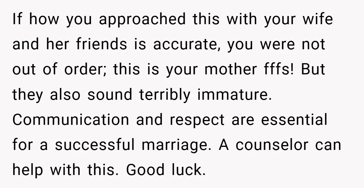 If how you approached this with your wife and her friends is accurate, you were not out of order; this is your mother fffs! But they also sound terribly immature....