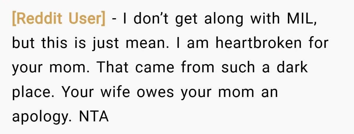 [Reddit User] − I don’t get along with MIL, but this is just mean. I am heartbroken for your mom. That came from such a dark place. Your wife owes...