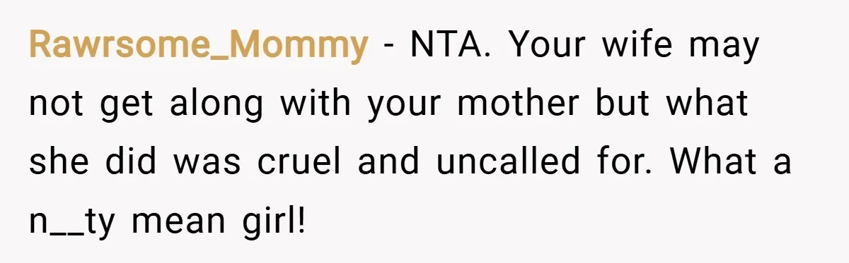 Rawrsome_Mommy − NTA. Your wife may not get along with your mother but what she did was cruel and uncalled for. What a n__ty mean girl!