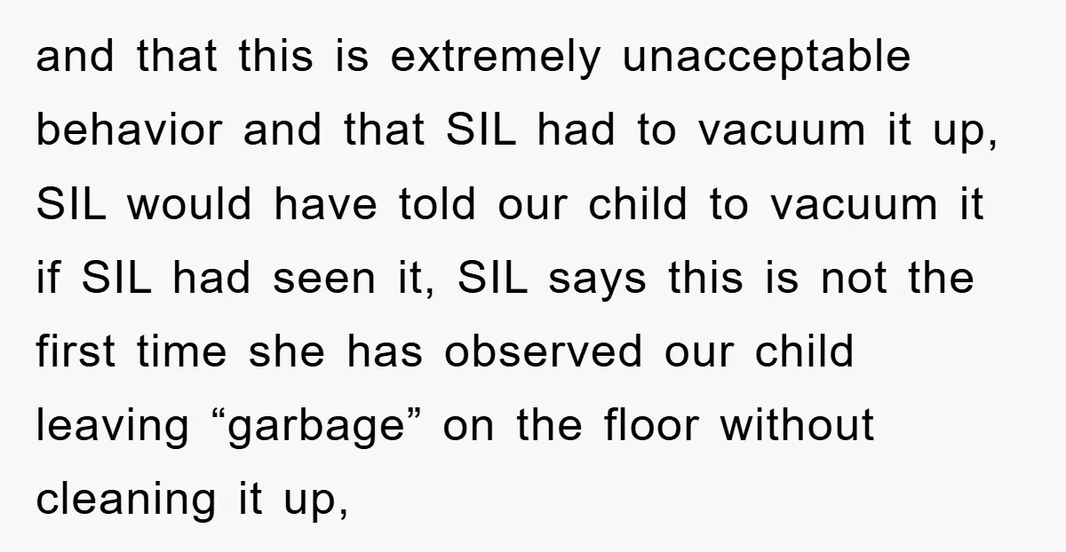 and that this is extremely unacceptable behavior and that SIL had to vacuum it up, SIL would have told our child to vacuum it if SIL had seen it, SIL...