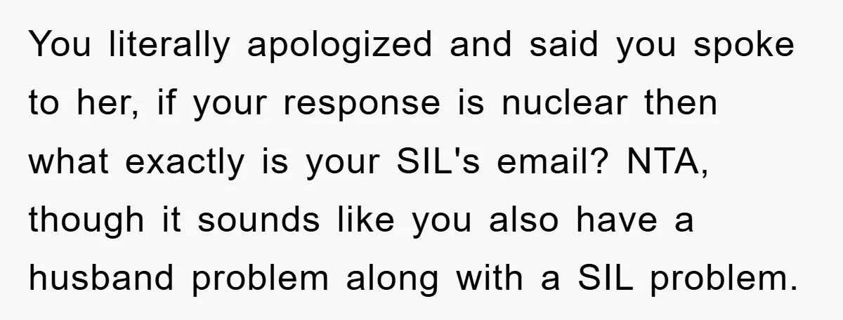 You literally apologized and said you spoke to her, if your response is nuclear then what exactly is your SIL's email? NTA, though it sounds like you also have a...