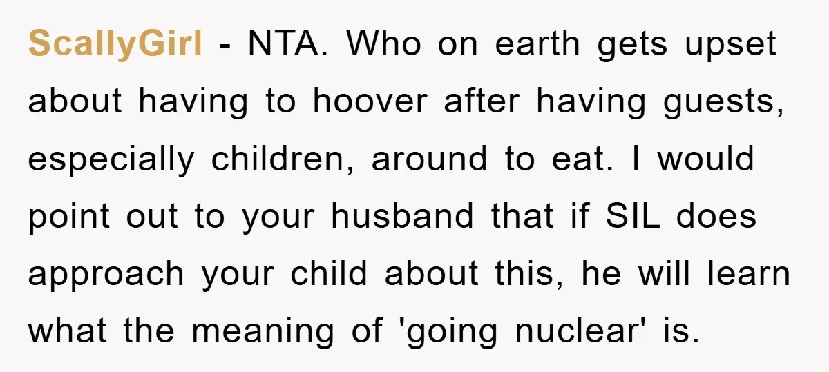 ScallyGirl − NTA. Who on earth gets upset about having to hoover after having guests, especially children, around to eat. I would point out to your husband that if SIL...