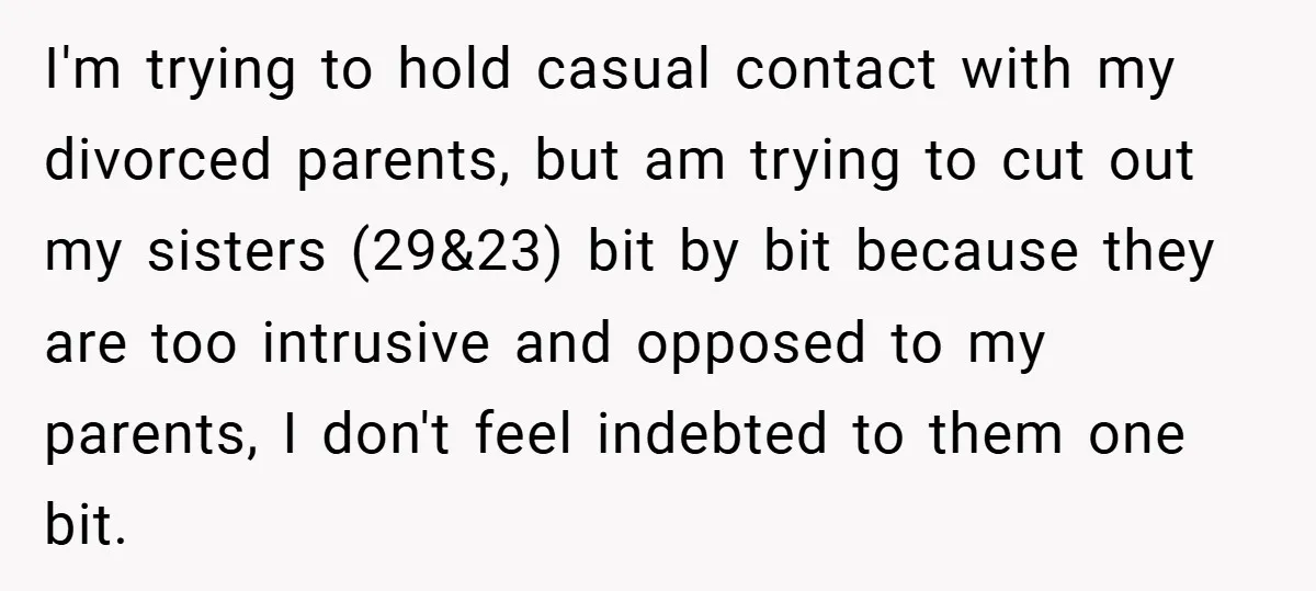 I'm trying to hold casual contact with my divorced parents, but am trying to cut out my sisters (29&23) bit by bit because they are too intrusive and opposed to...
