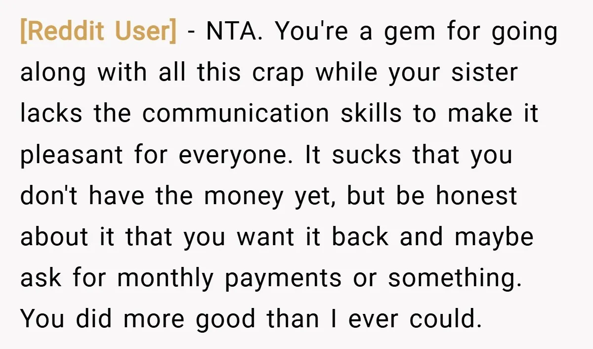 [Reddit User] − NTA. You're a gem for going along with all this crap while your sister lacks the communication skills to make it pleasant for everyone. It sucks that...
