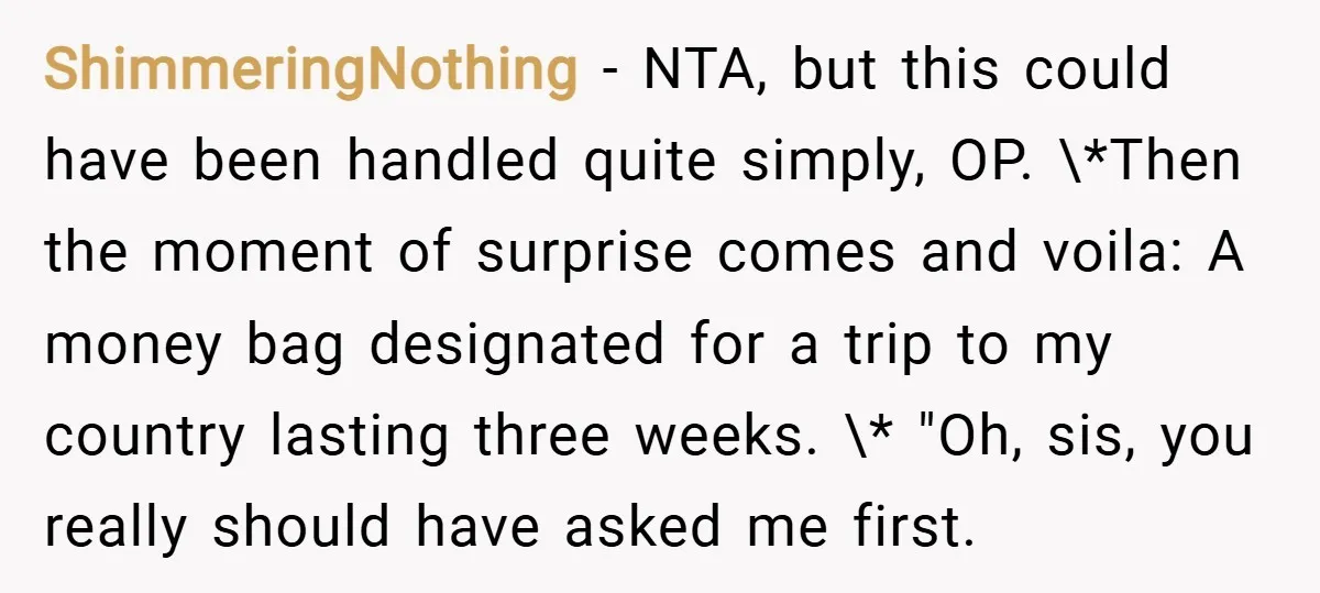 ShimmeringNothing − NTA, but this could have been handled quite simply, OP. \*Then the moment of surprise comes and voila: A money bag designated for a trip to my country...