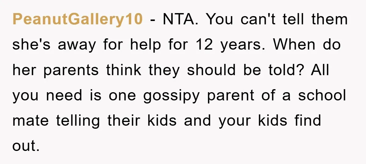 PeanutGallery10 − NTA. You can't tell them she's away for help for 12 years. When do her parents think they should be told? All you need is one gossipy parent...