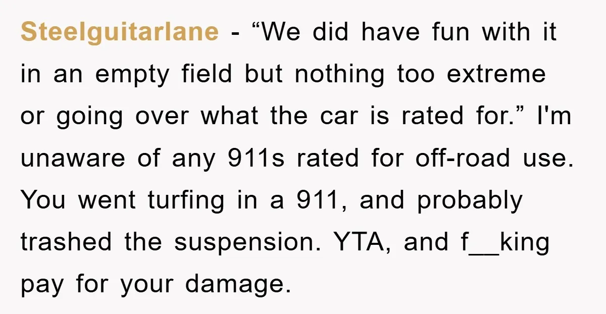 Steelguitarlane − “We did have fun with it in an empty field but nothing too extreme or going over what the car is rated for.” I'm unaware of any 911s...
