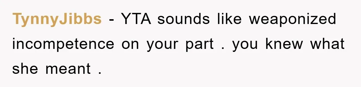 TynnyJibbs − YTA sounds like weaponized incompetence on your part . you knew what she meant .