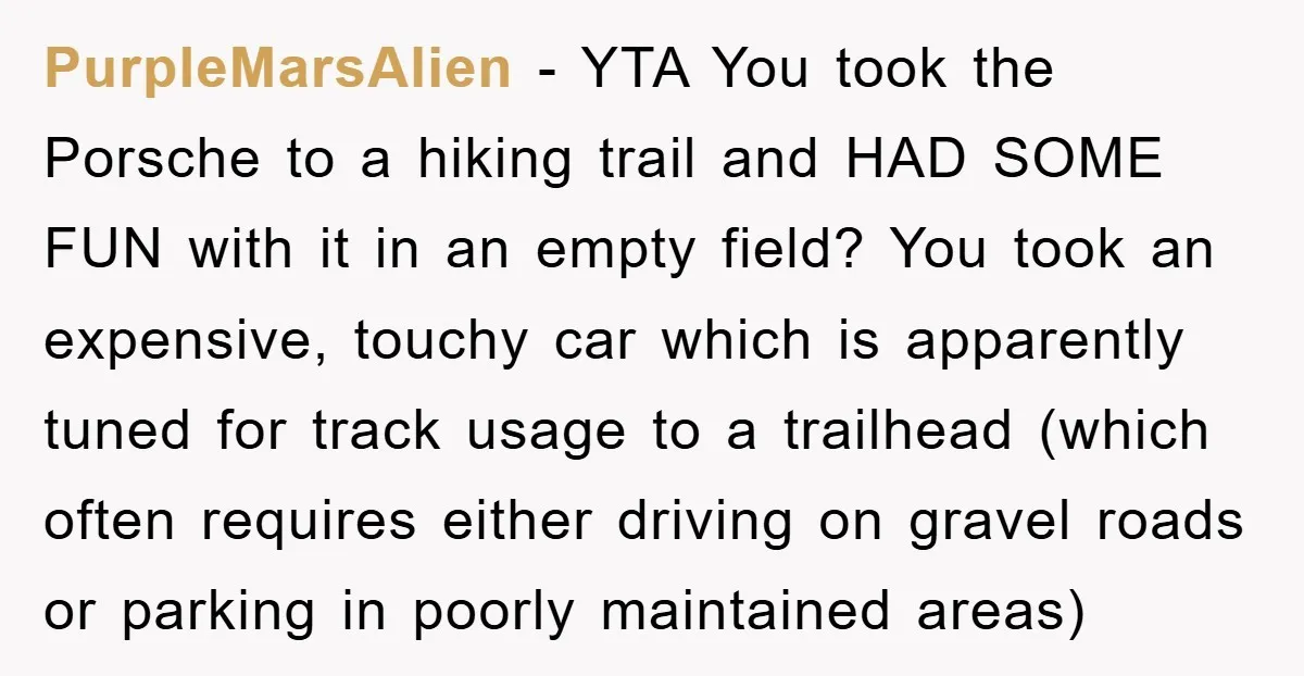 PurpleMarsAlien − YTA You took the Porsche to a hiking trail and HAD SOME FUN with it in an empty field? You took an expensive, touchy car which is apparently...