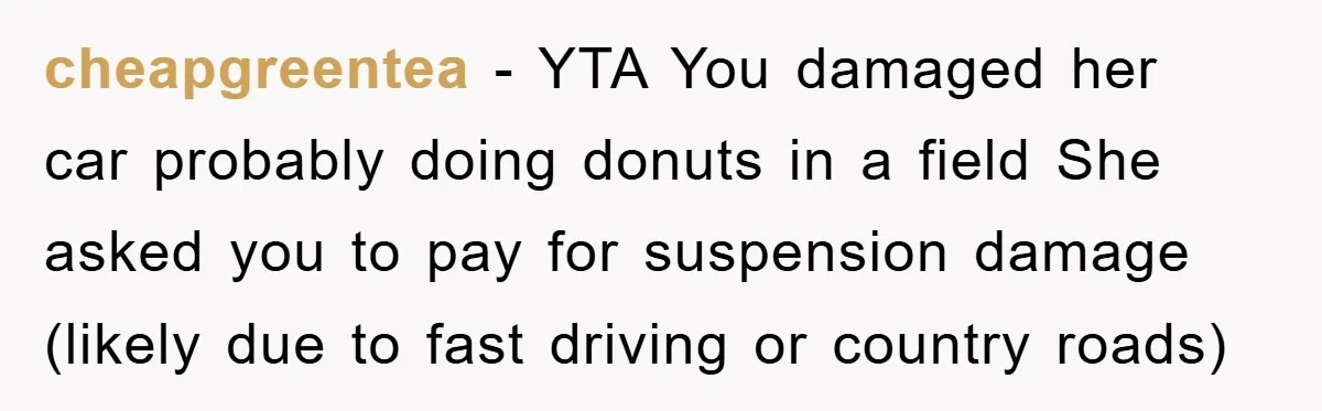 cheapgreentea − YTA You damaged her car probably doing donuts in a field She asked you to pay for suspension damage (likely due to fast driving or country roads)