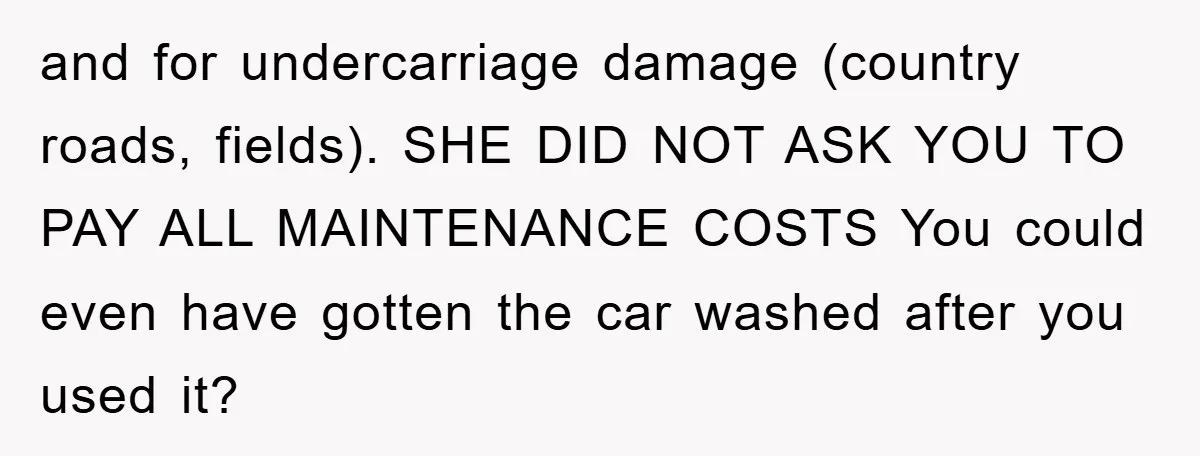 and for undercarriage damage (country roads, fields). SHE DID NOT ASK YOU TO PAY ALL MAINTENANCE COSTS You could even have gotten the car washed after you used it?