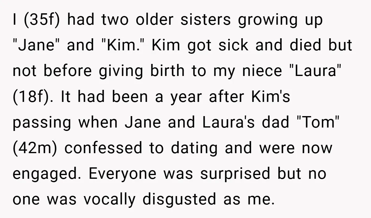 I (35f) had two older sisters growing up "Jane" and "Kim." Kim got sick and died but not before giving birth to my niece "Laura" (18f). It had been a...