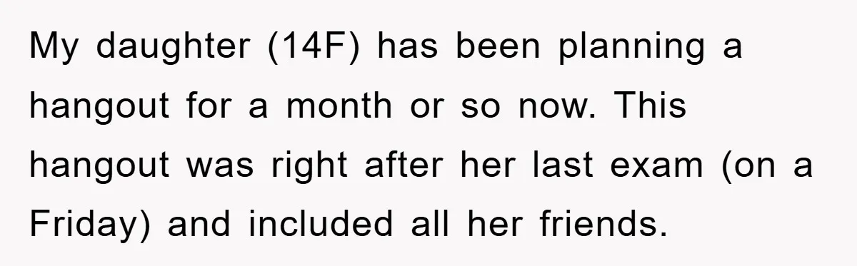 My daughter (14F) has been planning a hangout for a month or so now. This hangout was right after her last exam (on a Friday) and included all her friends.