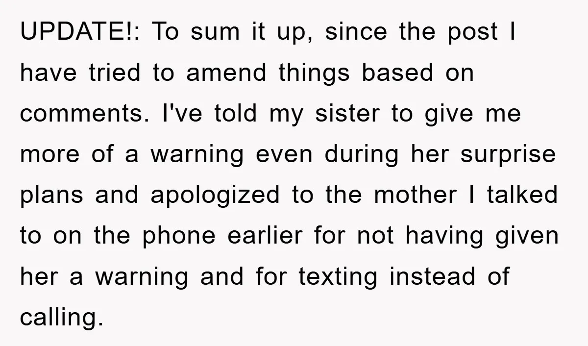 UPDATE!: To sum it up, since the post I have tried to amend things based on comments. I've told my sister to give me more of a warning even during...