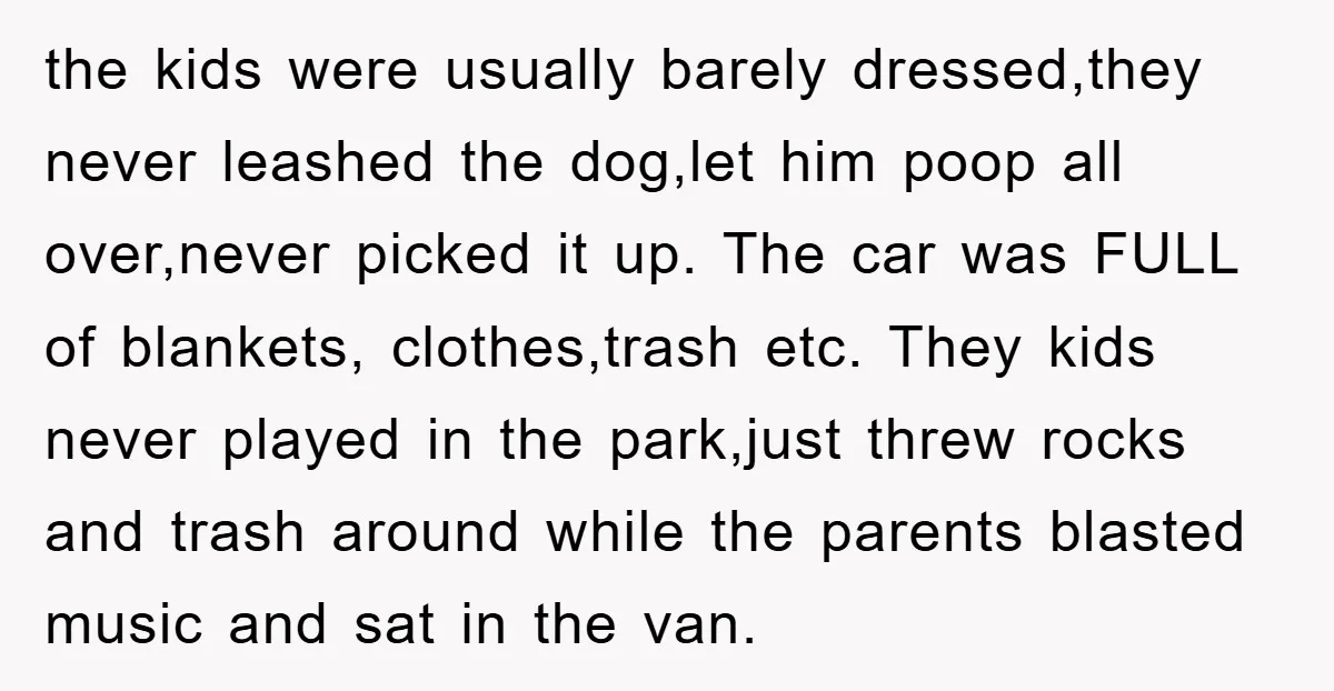 the kids were usually barely dressed,they never leashed the dog,let him poop all over,never picked it up. The car was FULL of blankets, clothes,trash etc. They kids never played in...