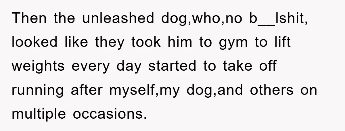 Then the unleashed dog,who,no b__lshit, looked like they took him to gym to lift weights every day started to take off running after myself,my dog,and others on multiple occasions.