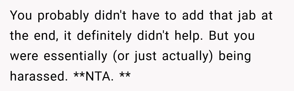 You probably didn't have to add that jab at the end, it definitely didn't help. But you were essentially (or just actually) being harassed. **NTA. **
