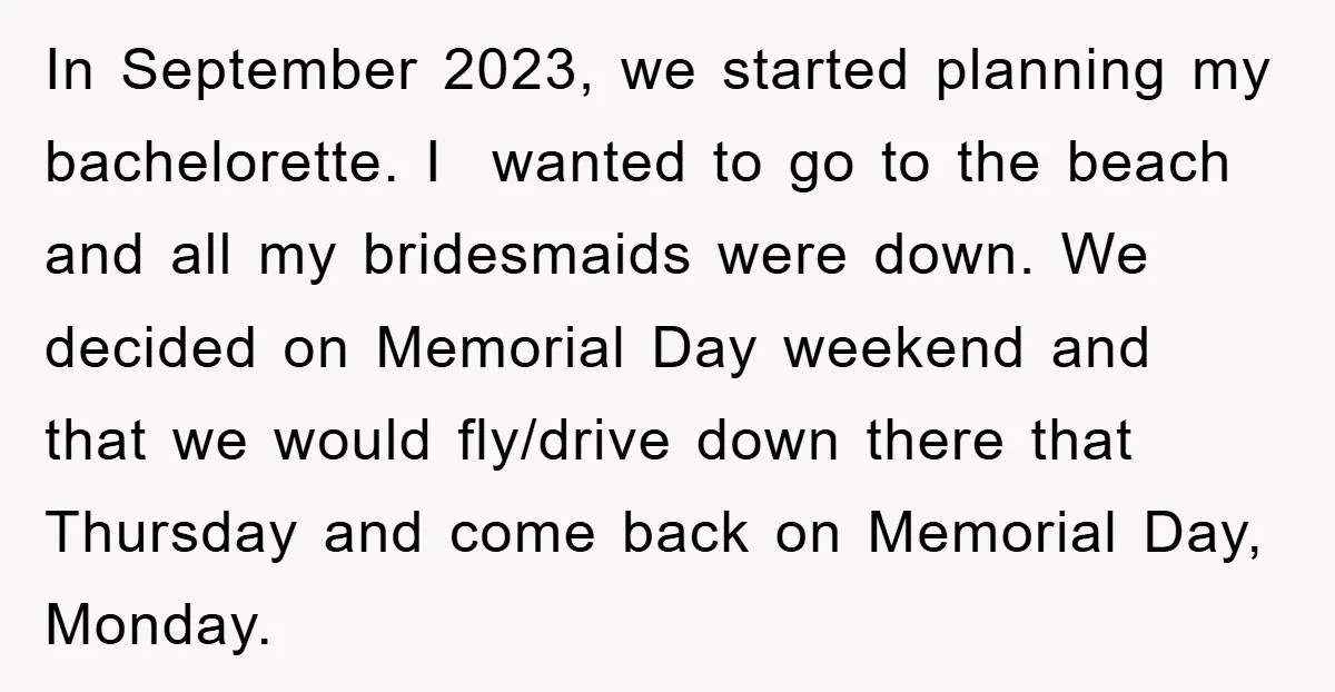 In September 2023, we started planning my bachelorette. I wanted to go to the beach and all my bridesmaids were down. We decided on Memorial Day weekend and that we...