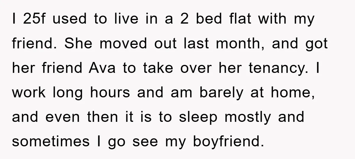 I 25f used to live in a 2 bed flat with my friend. She moved out last month, and got her friend Ava to take over her tenancy. I work...