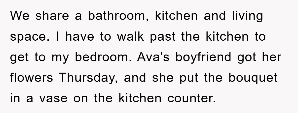 We share a bathroom, kitchen and living space. I have to walk past the kitchen to get to my bedroom. Ava's boyfriend got her flowers Thursday, and she put the...