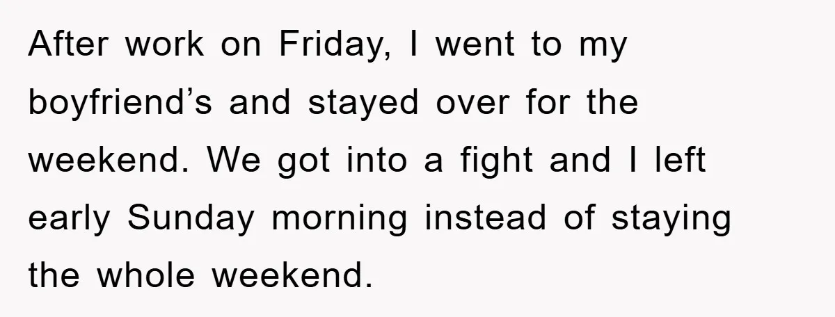 After work on Friday, I went to my boyfriend’s and stayed over for the weekend. We got into a fight and I left early Sunday morning instead of staying the...