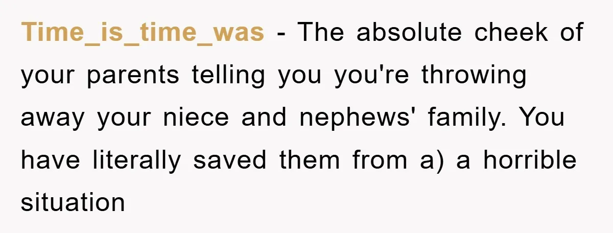 Time_is_time_was − The absolute cheek of your parents telling you you're throwing away your niece and nephews' family. You have literally saved them from a) a horrible situation