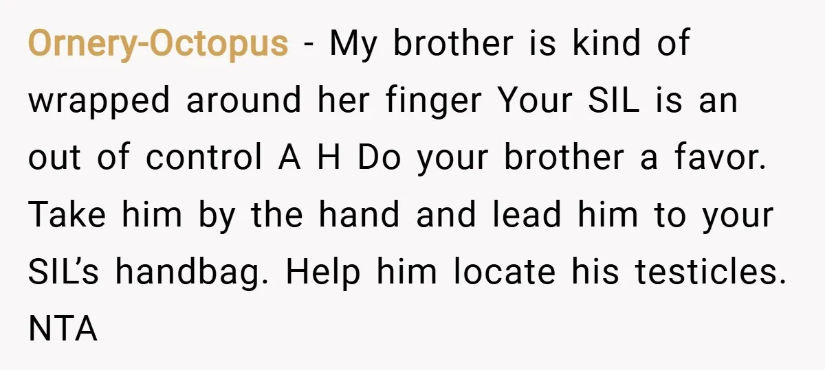 Ornery-Octopus − My brother is kind of wrapped around her finger Your SIL is an out of control A H Do your brother a favor. Take him by the hand...