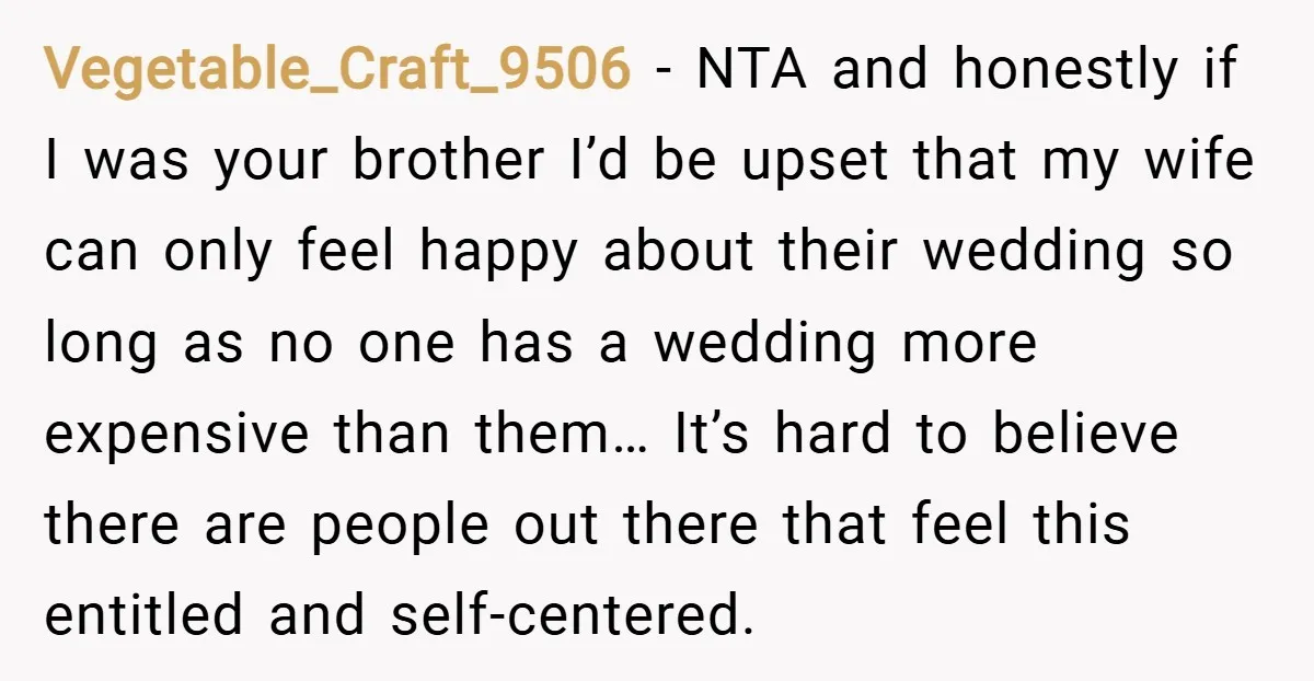 Vegetable_Craft_9506 − NTA and honestly if I was your brother I’d be upset that my wife can only feel happy about their wedding so long as no one has a...