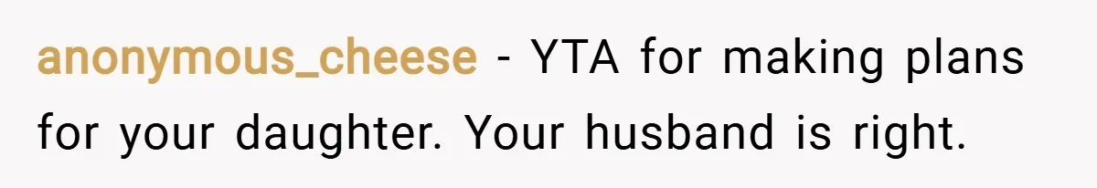anonymous_cheese − YTA for making plans for your daughter. Your husband is right.