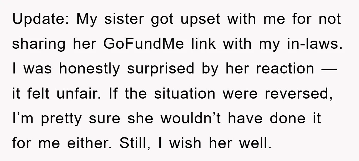 Update: My sister got upset with me for not sharing her GoFundMe link with my in-laws. I was honestly surprised by her reaction — it felt unfair. If the situation...