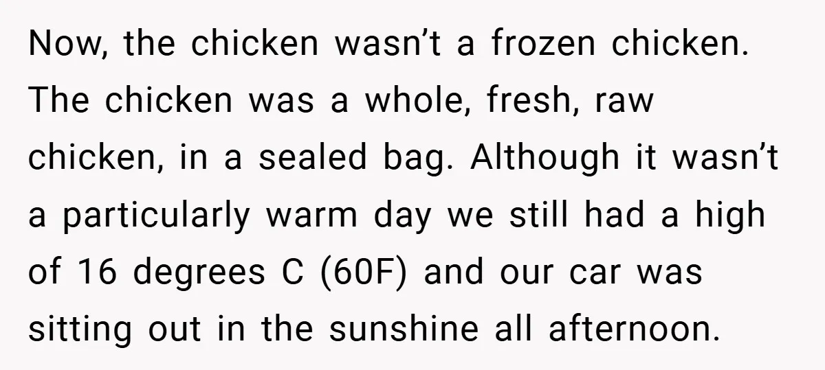 Now, the chicken wasn’t a frozen chicken. The chicken was a whole, fresh, raw chicken, in a sealed bag. Although it wasn’t a particularly warm day we still had a...