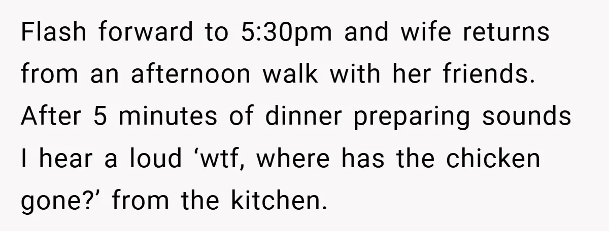 Flash forward to 5:30pm and wife returns from an afternoon walk with her friends. After 5 minutes of dinner preparing sounds I hear a loud ‘wtf, where has the chicken...
