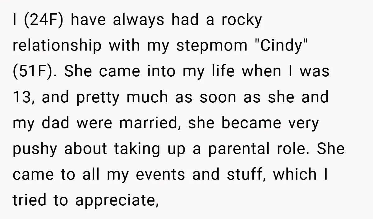 I (24F) have always had a rocky relationship with my stepmom "Cindy" (51F). She came into my life when I was 13, and pretty much as soon as she and...